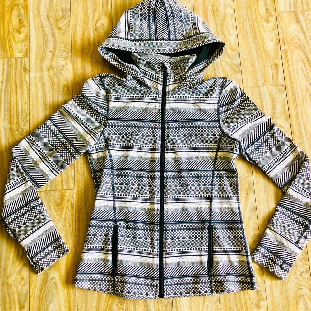 Fun, stylish workout jacket with collar and hood.